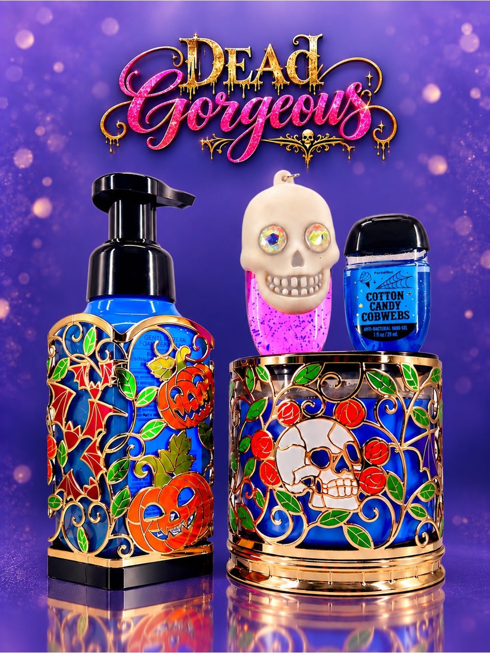 BBW Cotton Candy Cobwebs Halloween 6 Pc Skull Candle Soap Holder Set